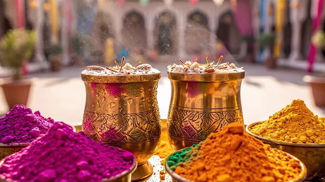 Colorful powder festival background. holi celebration religious ritual. indian traditional colored pigments. gulal abir vibrant display. hindu spring festive decorations.