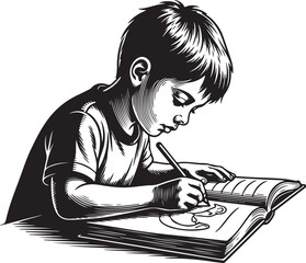 A retro vector illustration of a girl and a child sitting together reading a book while a worker sketches art in this cartoon drawing