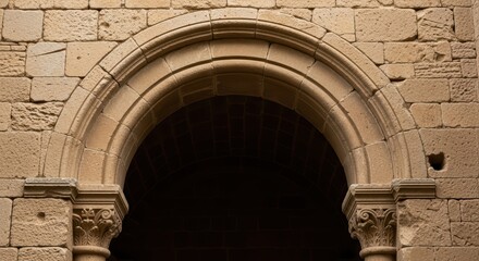 Fototapeta premium Romanesque stone archway with ornate capitals and intricate brickwork architecture details
