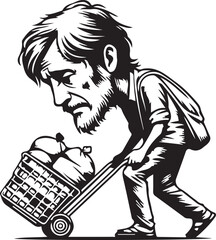 Cartoon illustration of a person pushing a shopping cart in a sketch style vector drawing