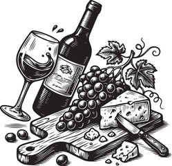 Vintage winery illustration featuring a red wine bottle and glass set with grapes and cheese for a celebratory restaurant bar drink icon