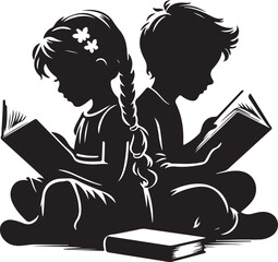 A smiling young couple sits on a chair in a vector illustration, focusing on a book together for education while a student works on a laptop in this cartoon drawing