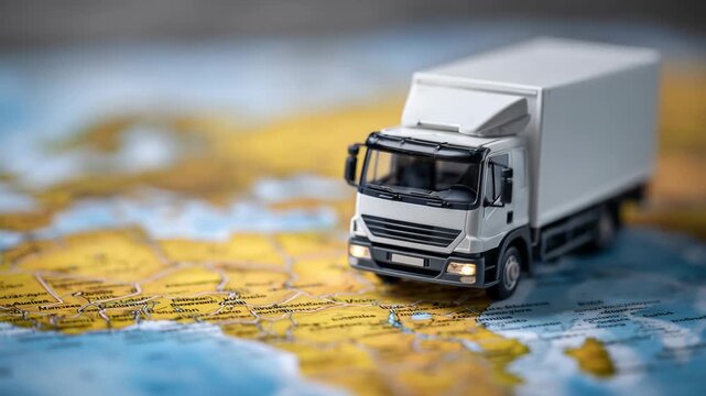91Close-up symbolic image of a small delivery truck on a world map, detailed cartographic elements in focus, truck positioned along a visible route line, soft shadows and professiona