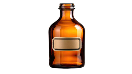 Empty, amber-brown glass bottle, blank label, shiny, reflective surface, on a dark background