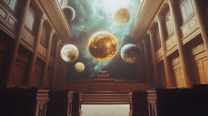 An awe-inspiring scene featuring planets suspended in a grand architectural space. The combination of cosmic elements and classical design evokes wonder and imagination.
