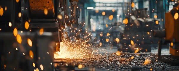 Captivating sparks erupt from machinery in an industrial setting, showcasing the dynamic energy of metalworking processes.