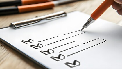 Close-up of a hand writing a checklist with a pen, emphasizing productivity and organization in a modern workspace.