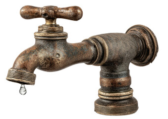 Old, ornate metal faucet with a water droplet