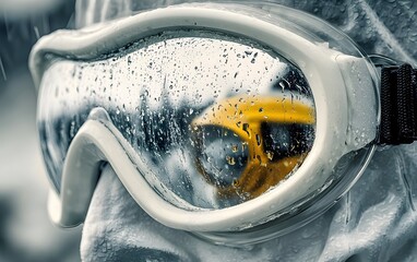 Close-up of a person wearing protective goggles with droplets of rain on the lens, showcasing the focus and intensity of outdoor sports activities in challenging weather conditions