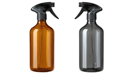 Two clear bottles w/ black spray nozzles, one amber, one grey, on black