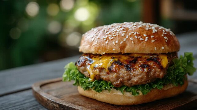 107Close-up of a fresh homemade grilled burger, thick juicy meat patty with visible grill marks, melted cheese dripping slightly, toasted bun with sesame seeds, shallow depth of field