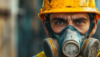 Close-up portrait of a construction worker wearing a yellow helmet and gas mask, emphasizing safety and professionalism in construction.