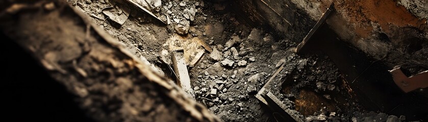 Close-up view of textured surfaces, showcasing raw materials, tools, and debris in an industrial environment, evoking a sense of raw beauty.