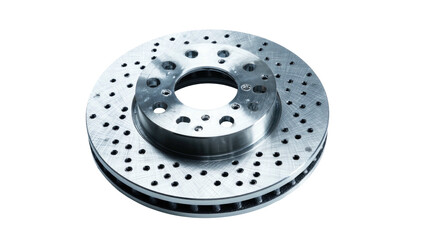 Metal disc brake rotor with drilled holes and darkened background