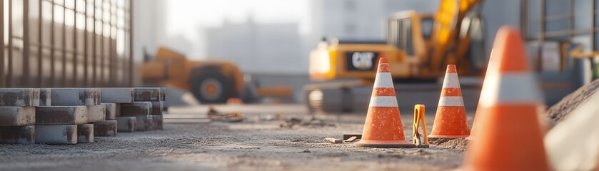 Construction site with safety cones and heavy machinery in the background. Focus on the cones signaling caution. Ideal for illustrating urban development and safety precautions.