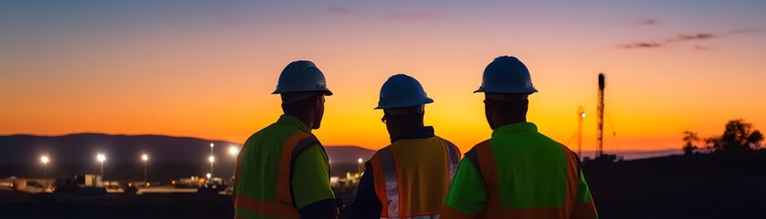 Construction workers observing a beautiful sunset, showcasing teamwork and dedication in a serene environment.