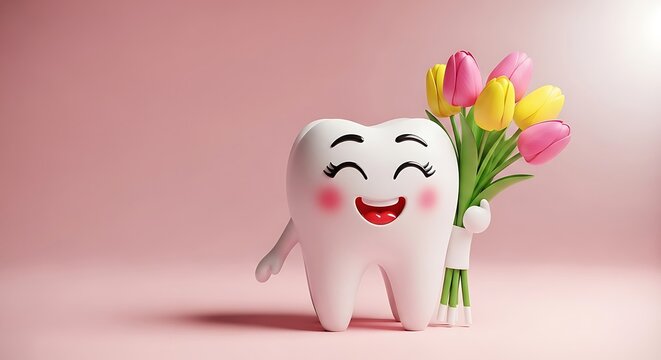 Cheerful cartoon tooth character holding colorful tulips in a bright setting
