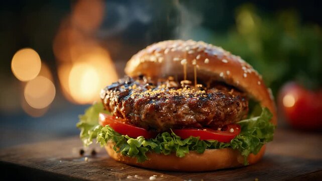 110Cinematic macro shot of a grilled burger, sizzling beef patty, crisp lettuce and ripe tomato slices, glossy toasted bun, warm lighting enhancing rich colors and juicy textures, ind