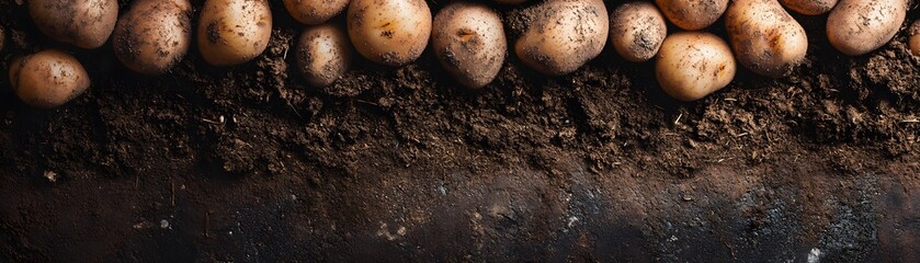 Freshly harvested potatoes resting on rich soil, showcasing earthy textures and colors. Ideal for culinary themes and agricultural concepts.