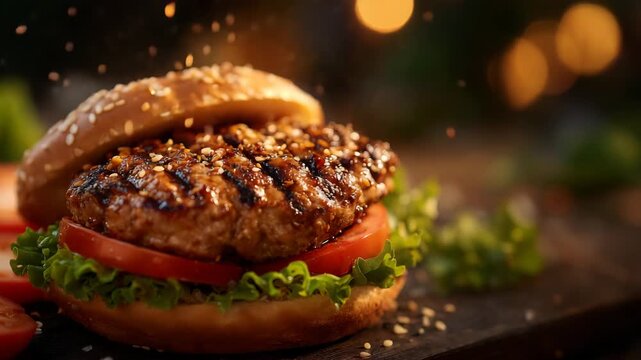 111Cinematic macro shot of a grilled burger, sizzling beef patty, crisp lettuce and ripe tomato slices, glossy toasted bun, warm lighting enhancing rich colors and juicy textures, ind
