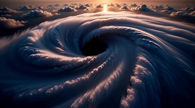 A massive storm cloud formation with a swirling vortex is captured from above at sunrise or sunset, surrounded by dense clouds