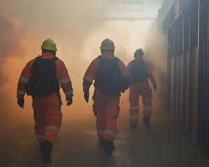Three firefighters wearing protective gear navigate through a smoky environment, showcasing bravery and teamwork in emergency response situations.