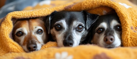 Three cozy dogs snuggled under a warm blanket, showcasing their adorable expressions and bond in a comfortable setting.