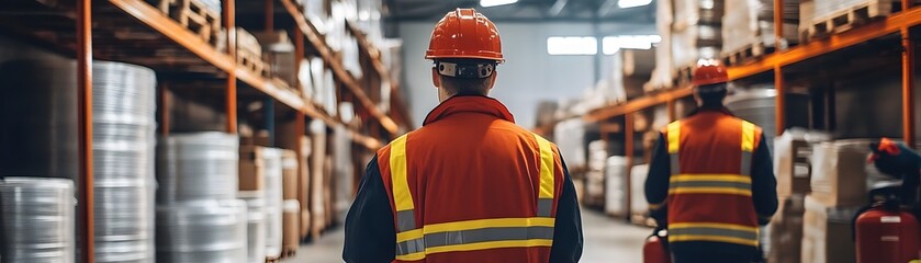 Warehouse workers in safety gear are focused on storage tasks, ensuring an organized and efficient working environment.