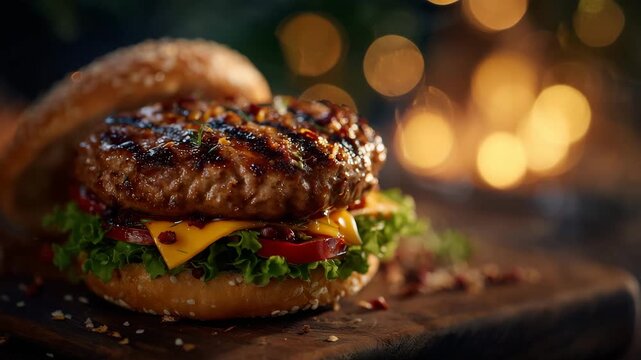 119High-detail close-up of a fresh grilled burger, smoky char marks on the meat, layers of cheese, lettuce and tomato, soft background bokeh enhancing visual depth and indulgence