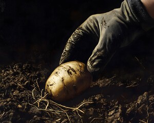 A close-up image of a gloved hand gently lifting a freshly harvested potato from the soil