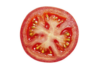 Vibrant, fresh red tomato slice close-up, revealing juicy flesh, yellow seeds, and clear texture
