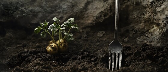 A close-up image of a young potato plant emerging from rich, dark soil, accompanied by a fork. This scene captures the essence of gardening and the beauty of plant growth.