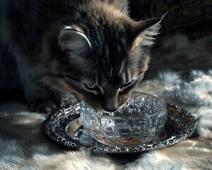 A close-up of a cat drinking from an ornate crystal bowl on a plush surface. The soft lighting highlights the cat's features and the elegant design of the bowl.
