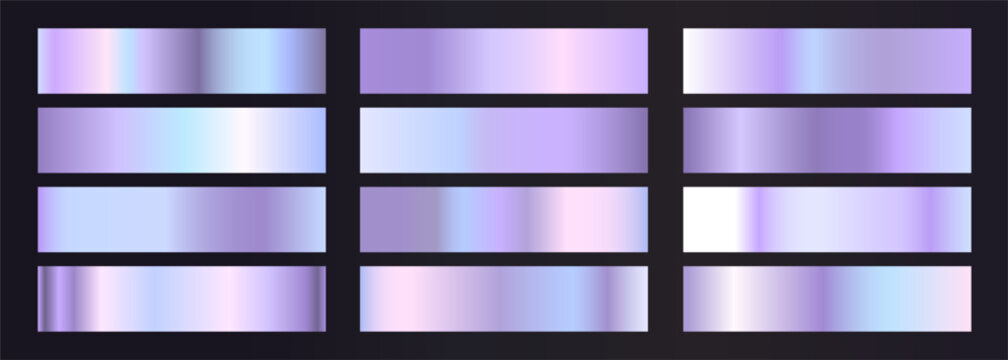 Holographic gradient background set. Shiny iridescent metal hologram foil texture gradation collection. Vector illustration