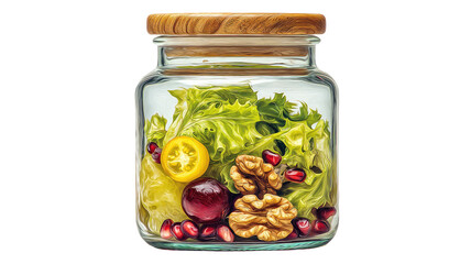 Clear jar filled with colorful salad lettuce, tomato, walnuts, grapes, seeds.