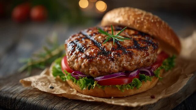 122Close-up of juicy grilled burger on rustic surface, thick meat patty with grill marks, toasted bun and fresh toppings, warm natural lighting emphasizing homemade quality and flavor