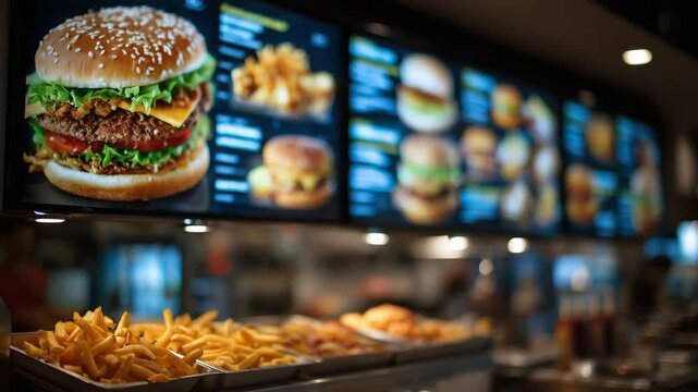 127Close-up of a fast food menu board mounted on the wall above the counter, high-resolution images of hamburgers, fries, and combo meals, bright backlit panels, trays of fries and ke