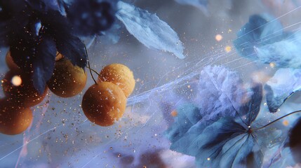 Golden Citrus Whisper: A captivating close-up reveals a cluster of vibrant, golden citrus fruits, nestled amidst delicate, frosty foliage, creating an ethereal and evocative scene.