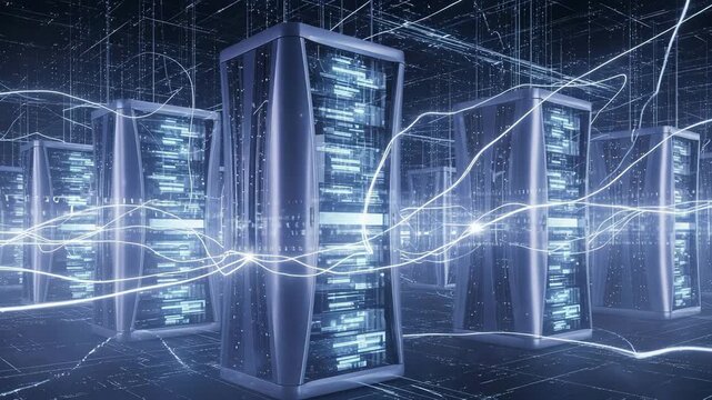Data center with server racks and digital connections in blue tones  