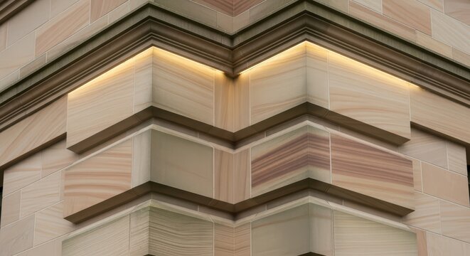 Illuminated architectural corner with geometric sandstone patterns and subtle warm lighting accents on neutral tones