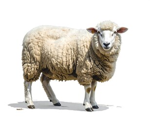 Fototapeta premium A fluffy, white sheep stands isolated against a stark white background, casting a subtle shadow. Its wool is thick and curly