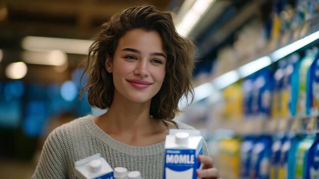 162Young woman holding a milk pack while browsing dairy shelves in a supermarket, bright aisle lighting, colorful cartons and bottles around, hypermarket environment, casual shopper s