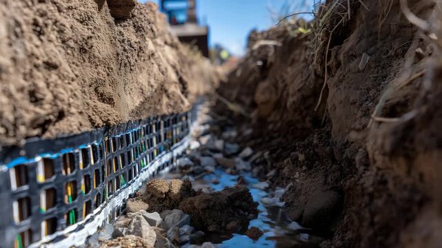 239Macro perspective of a trench showing perforated drainage pipes, angular gravel surrounding the pipe, soil layers visible on the trench walls, natural daylight highlighting texture
