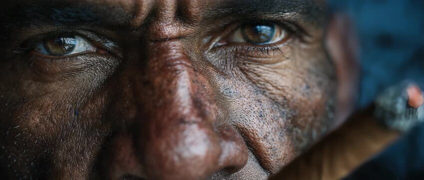 Extreme close-up of an aging man with weathered skin and intense eyes, detailed facial texture of a hard-working individual smoking a cigar