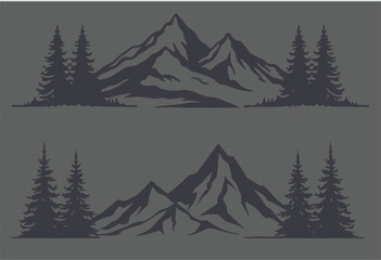 Fototapeta premium Mountain ranges with pine trees in silhouette against a dark background