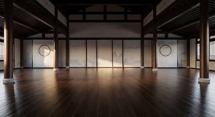 Fototapeta premium Empty industrial warehouse with wooden pillars and concrete floor.