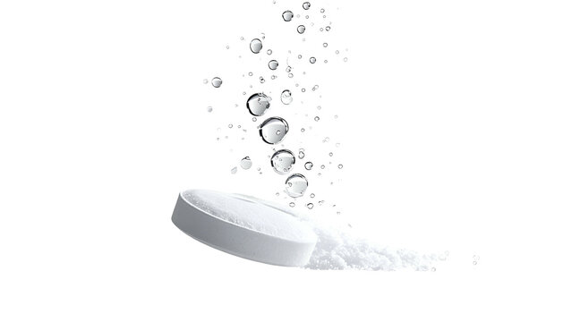 A dissolving white tablet releases bubbles and powder against a black background