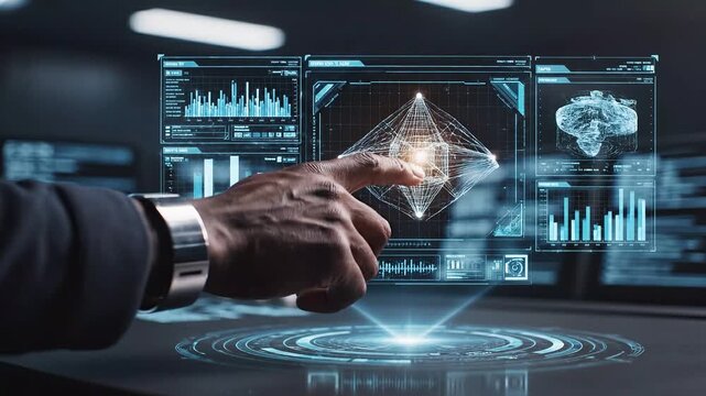Human Hand Interacting with Holographic AI Interface Futuristic Technology