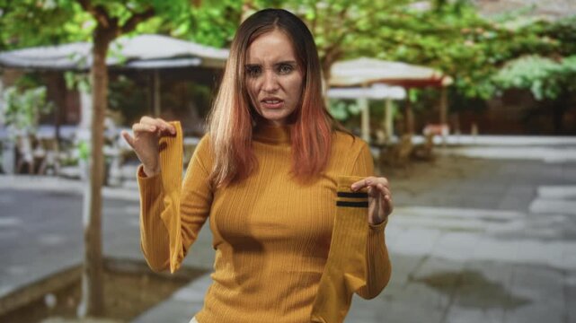 Redhead woman holding torn yellow socks in both hands, grimacing while displaying ripped knit sleeve on a street cafe pavement; annoyance.