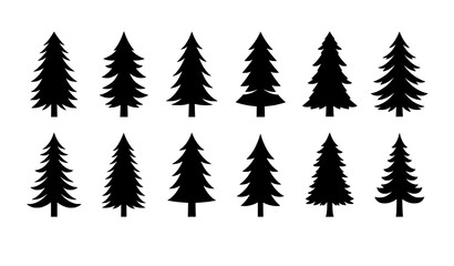Obraz premium Minimal pine and fir tree icon set in flat silhouette style for nature and Christmas design